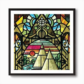 Image of medieval stained glass windows of a sunset at sea 2 Art Print