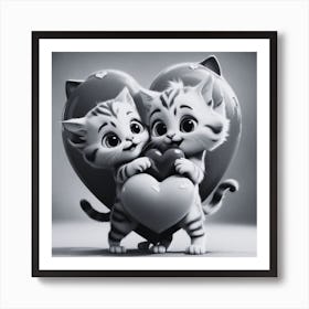 Black and White Lovers Cat Holding A Heart Art Print