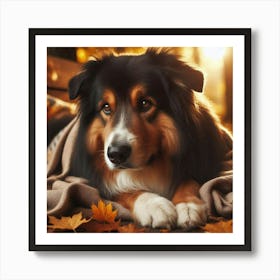 Dog Laying In Autumn Leaves Art Print