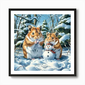 Hamsters and Snowman Art Print