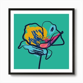 Poppy Flower Minimal Line Art Turquoise 1 Art Print