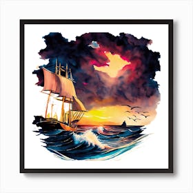 Sailing Ship At Sunset 1 Art Print