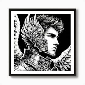 War Angel In Armor Black And White Portrait Drawing 1 Art Print