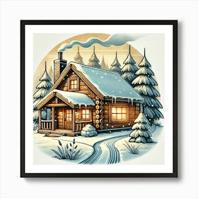 Cozy Cabin In The Snow Printed Art A Peaceful Illustration Of A Snowy Winter Cabin, Perfect For Bringing The Warmth And Comfort Of A Winter Retreat Into Any Space Printed Art Art Print