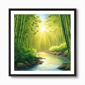 A Stream In A Bamboo Forest At Sun Rise Square Composition 82 Art Print