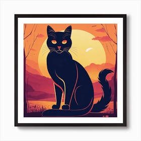 Black Cat At Sunset Art Print