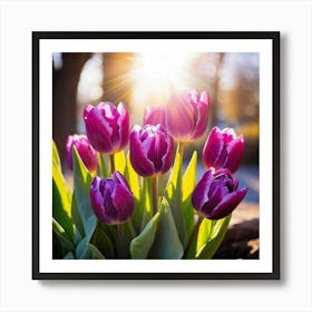 Bouquet Of Vibrant Purple Tulips Rising Toward A Majestic Sun In A Lush Spring Park Three Graceful 2 1 Art Print