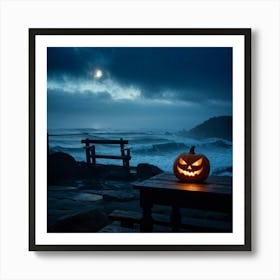 Jack O Lantern With A Glaring Eye Atop A Wooden Table On A Skittish Misty Coastline During Dusk S (4) Art Print