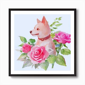 Dog With Roses Art Print