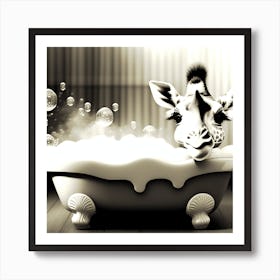 Giraffe In Bath watercolor style cute, happy baby giraffe holding a bath brush and smiling in an old bathtub, with Bubble Bath, Art Print