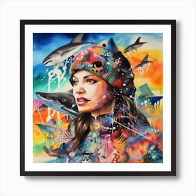 Girl With Sharks Art Print