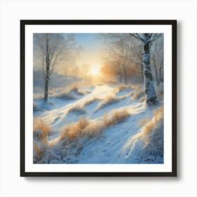 Warm Sun across a Snow Covered Woodland Landscape 1 Art Print