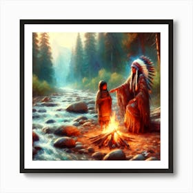 Oil Texture Native American Mother And Daughter By Stream Copy Art Print