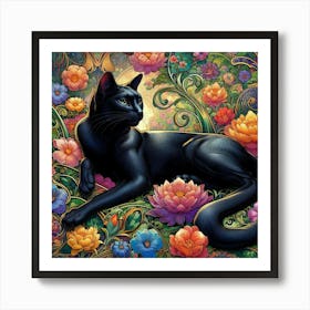 Black Cat With Flowers 6 Art Print