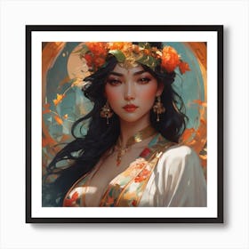 Chinese Girl Orange Flowers Art Print