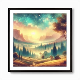 Landscape With Trees And Stars Painting Art Print