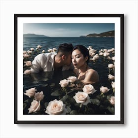 Tyndall Effect, A Beautiful Man Ans Woman Lies Underwater In Front Of Pale Black Roses ,Sunbeams In Art Print