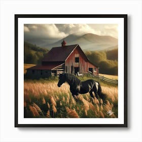 Beautiful Black Stallion And Barn Copy Art Print