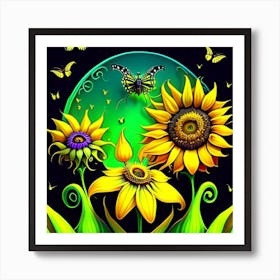 Sunflowers And Butterflies 1 Art Print