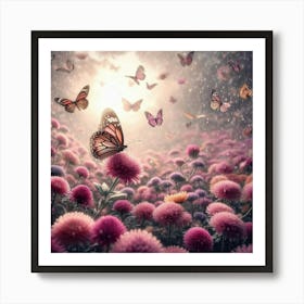 Butterfly In A Field Of Pink Flowers Art Print