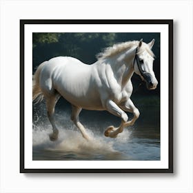 White Horse Running In Water 2 Art Print