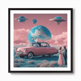 Make A Surreal Vintage Collage Of A Field With Planet Earth At The Center, A Couple Watching, Flying (10) Art Print