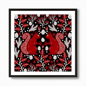 Red Squirrels in a Dark Forest Art Print