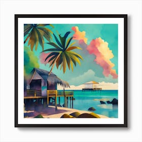 Double Exposure Of A Twin Palms And A Beach With (3) Art Print