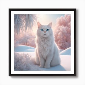 Digital Oil, Cat Wearing A Winter Coat, Whimsical And Imaginative, Soft Snowfall, Pastel Pinks, Blue Art Print