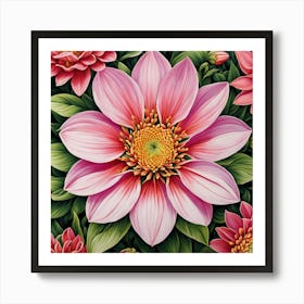 Dahlias, Illustrate A Close Up Of A Blooming Flower With Intricate Art Print