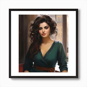 could be "beautiful woman," "long dark hair," "green dress," "brown belt," "sitting in a chair," "cityscape," and "thoughtful expression." Art Print