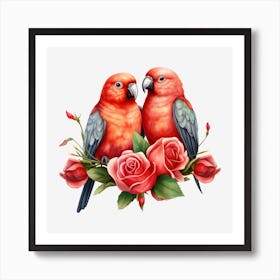 Parrots And Roses 3 Art Print