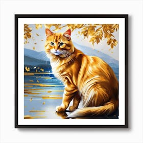 Cat On The Lake Art Print