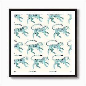 Blue Tiger Pattern On Cream Square Art Print