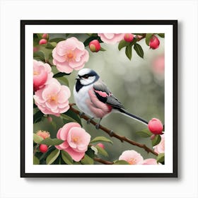 Long-tailed tit with camelias Art Print