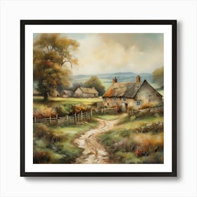 The old British countryside, a work of wall art dating back to 1960, with all its details and colours. The farm is an old oil painting in faded oil colours.6 Art Print