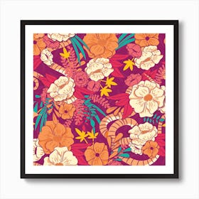 Flower And Floral Pattern With Orange And Pink Decoration Square Art Print