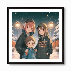 A Cute Anime Style Of A Mother With Her Son and Daughter - Happy Mother's Day Art Print