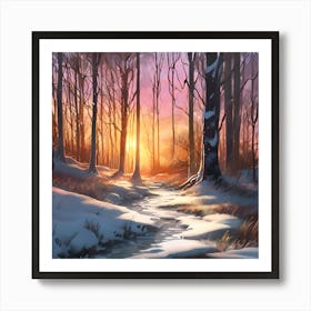 Winter Woodland Stream at Sunset 2 Art Print