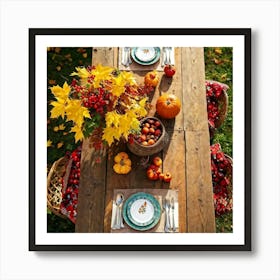 A Rustic Wooden Table Sun Dappled Bedecked By Autumns Bounty In A Traditional Country Garden Top (6) Art Print