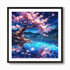 Knarled Cherry Blossom Tree on Turquoise Blue Lake Art Print