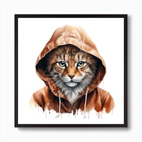 Watercolour Cartoon Lynx In A Hoodie Art Print