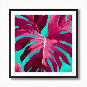 Monstera Leaf, Burgundy Tropical Leaf against a see blue background, 1288 Art Print