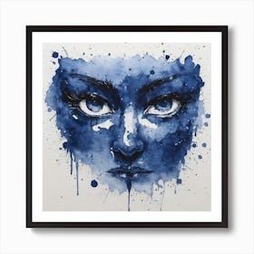 Blue Face, ink, watercolour Art Print