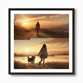 Girl Walks Her Dog Art Print