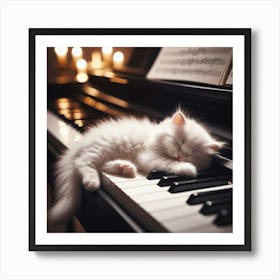 White Cat Sleeping On Piano Keyboard Art Print