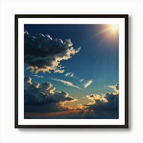 A Beautiful Blue Heavenly Sky With The Sun Peeking Behind Glowing Onto A Landscape Art Print