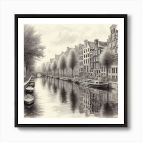 A Serene Amsterdam Canal Scene Captured In A Realistic Pen And Ink Drawing, Style Realism 2 Art Print