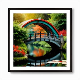 Japanese Garden Bridge, Autumn Landscape, Spring Landscape, Digital Art Print, Home Decor, Drawing Room Decor Art Print