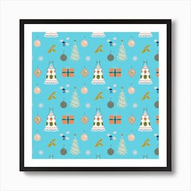 Christmas Bell Repeat Blue Art Print